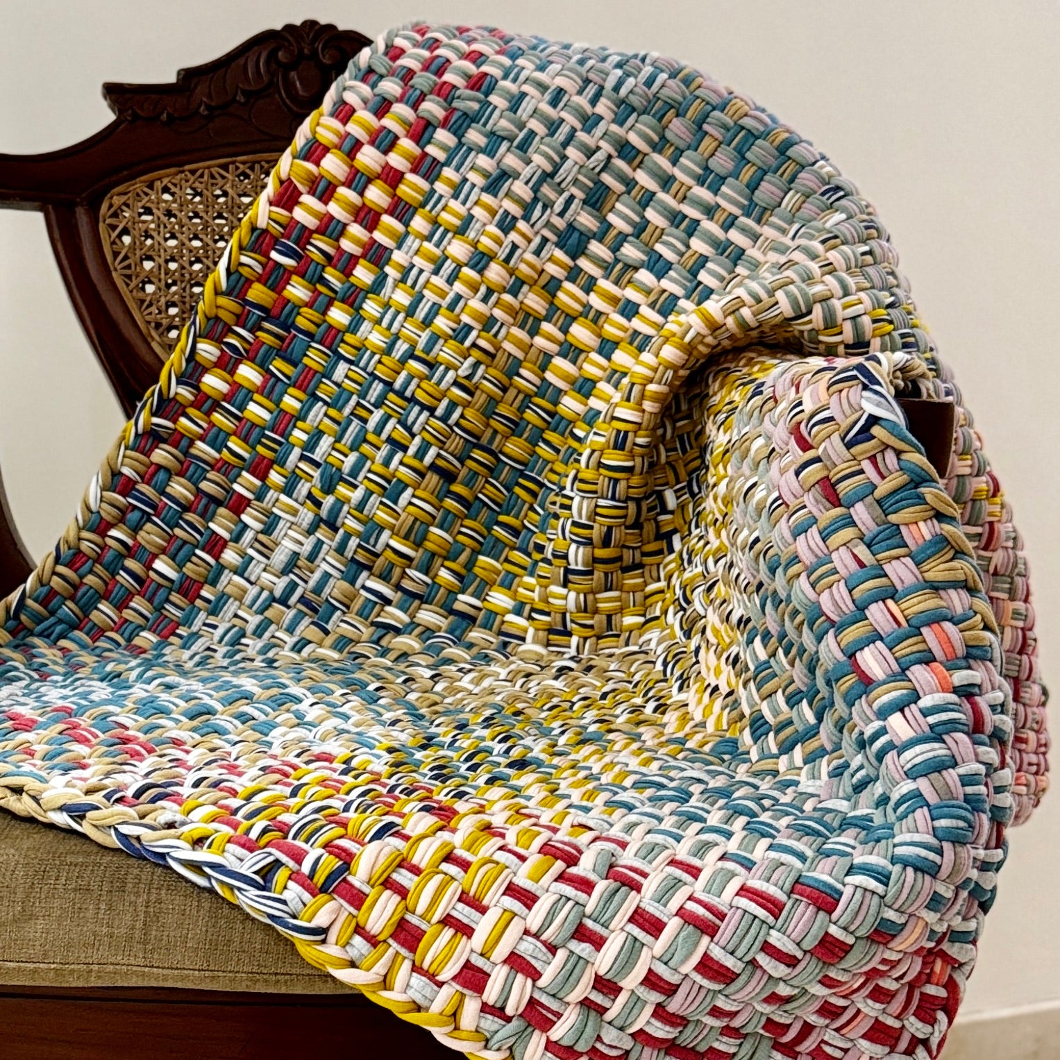 Image of Braided Edged Floor Rug / Throw | Coral, Blue, Light Pink, Yellow, Beige, Light Grey