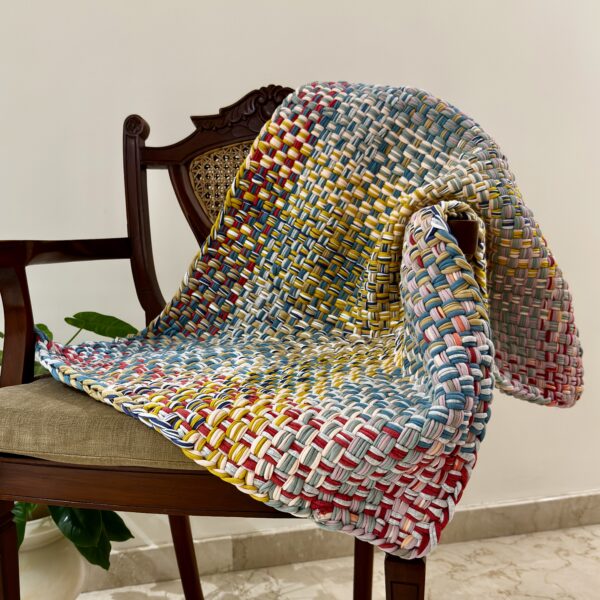 Image of Braided Edged Floor Rug / Throw | Coral, Blue, Light Pink, Yellow, Beige, Light Grey