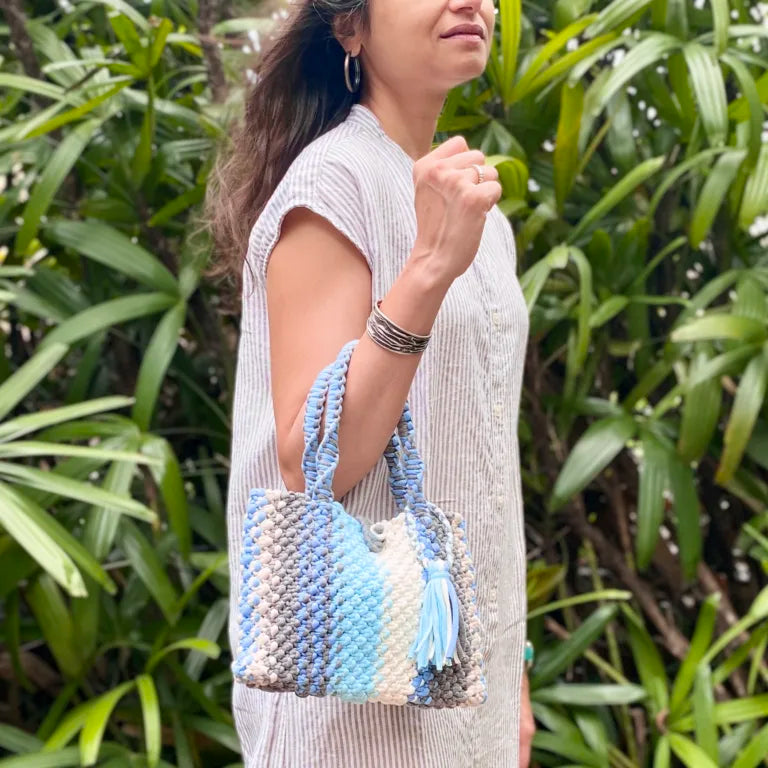 Image of Macrame Mini Blue, Grey Off white Ash, Aqua | Hand carry