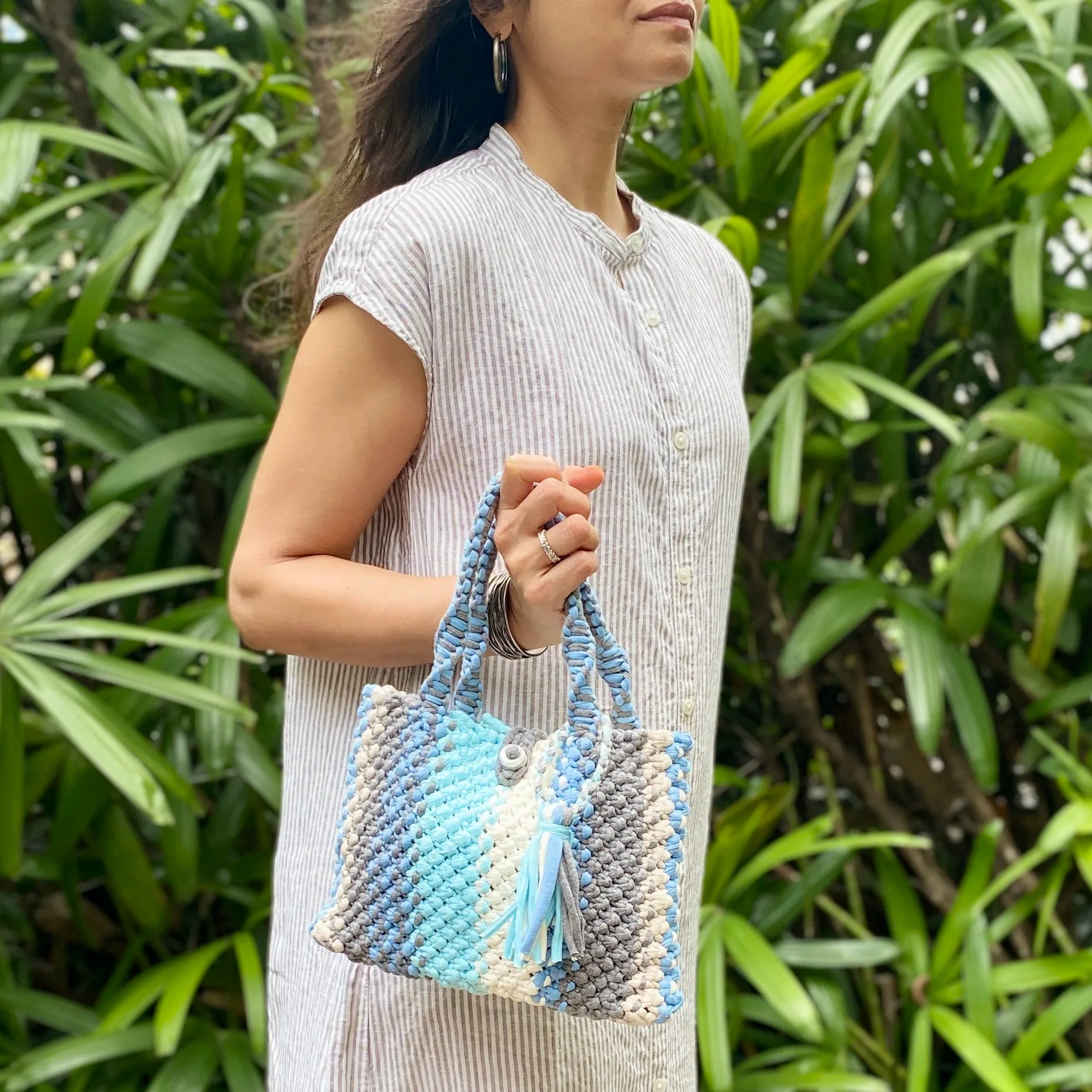 Image of Macrame Mini Blue, Grey Off white Ash, Aqua | Hand carry