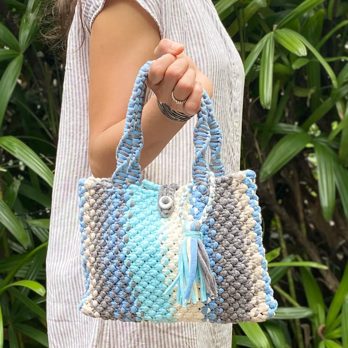 Image of Macrame Mini Blue, Grey Off white Ash, Aqua | Hand carry