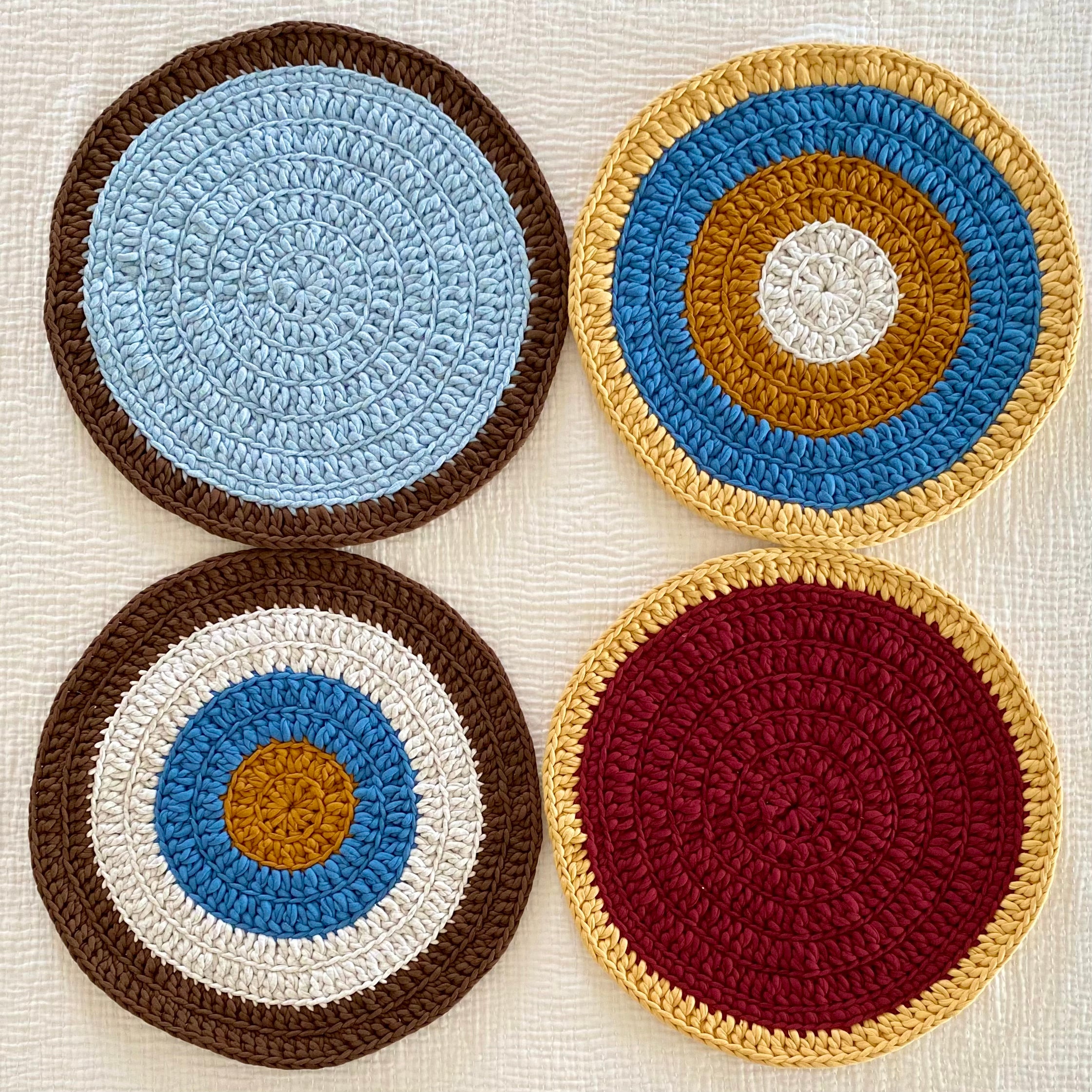 Image of Set of 4 Round Crochet Placemats / Dining Mats Blue Maroon Mustard Light Grey