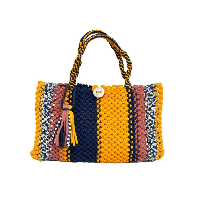 Image of Macrame Tote Medium Size Navy Orange Brown Shoulder and Hand carry