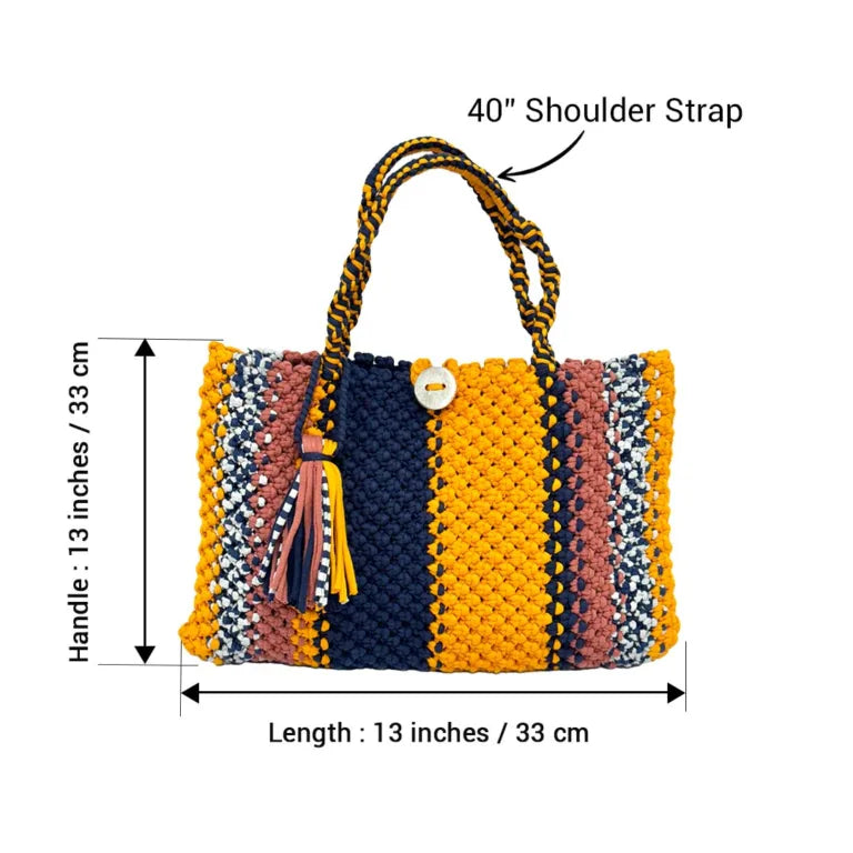 Image of Macrame Tote Medium Size Navy Orange Brown Shoulder and Hand carry