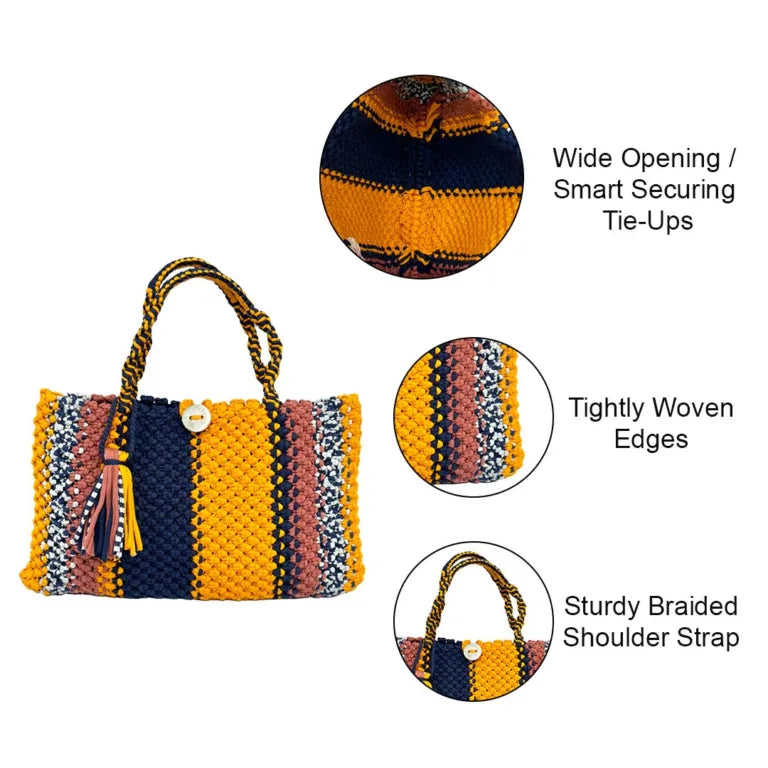 Image of Macrame Tote Medium Size Navy Orange Brown Shoulder and Hand carry