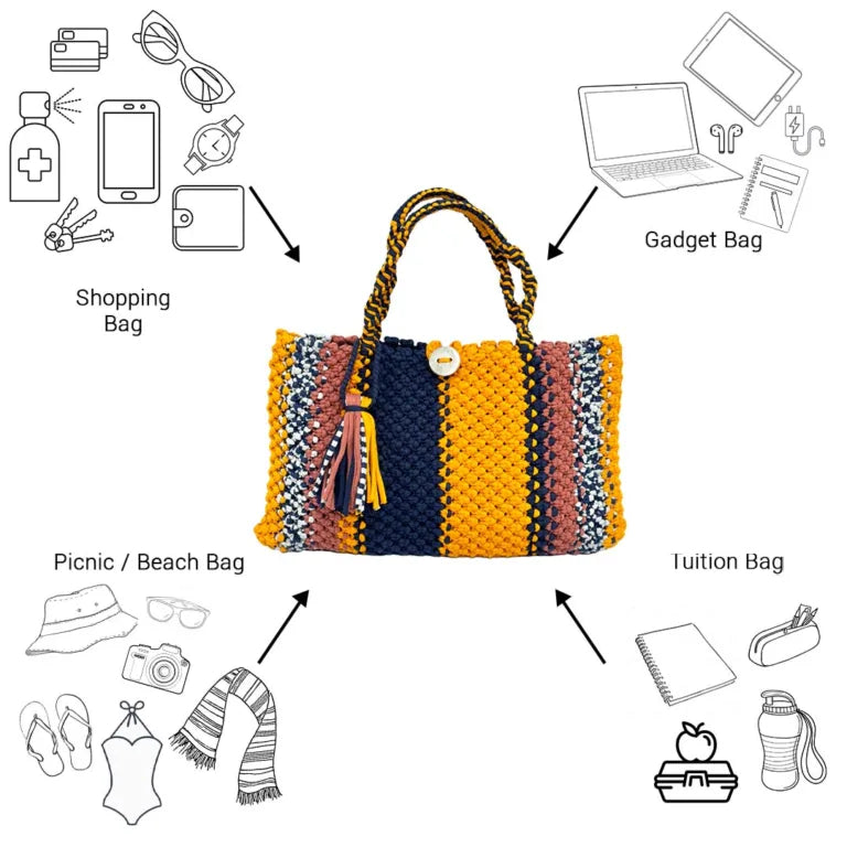 Image of Macrame Tote Medium Size Navy Orange Brown Shoulder and Hand carry