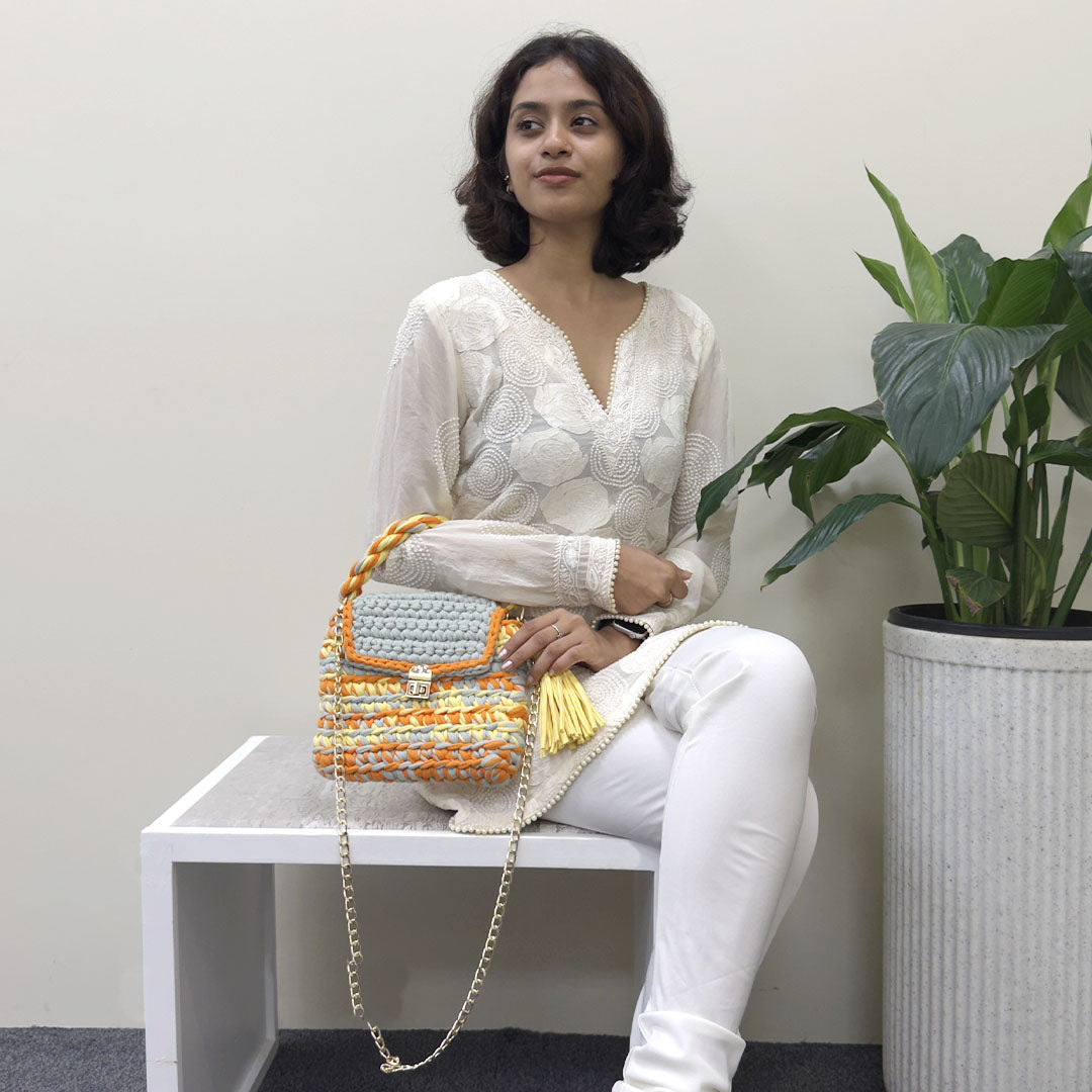 Image of Crochet Purse | Sage-Yellow-Orange / Hand or Shoulder Carry