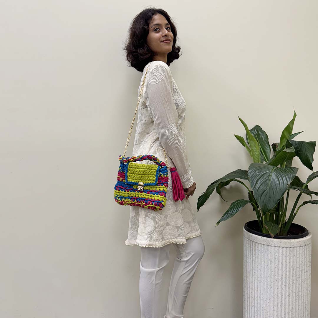 Image of Crochet Purse | Lime-Green-Blue-Fuscia / Hand or Shoulder Carry