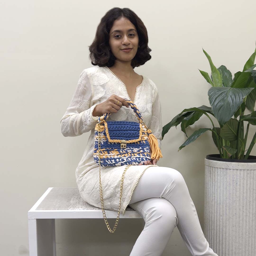 Image of Crochet Purse | Royal Blue-Light Orange / Hand or Shoulder Carry