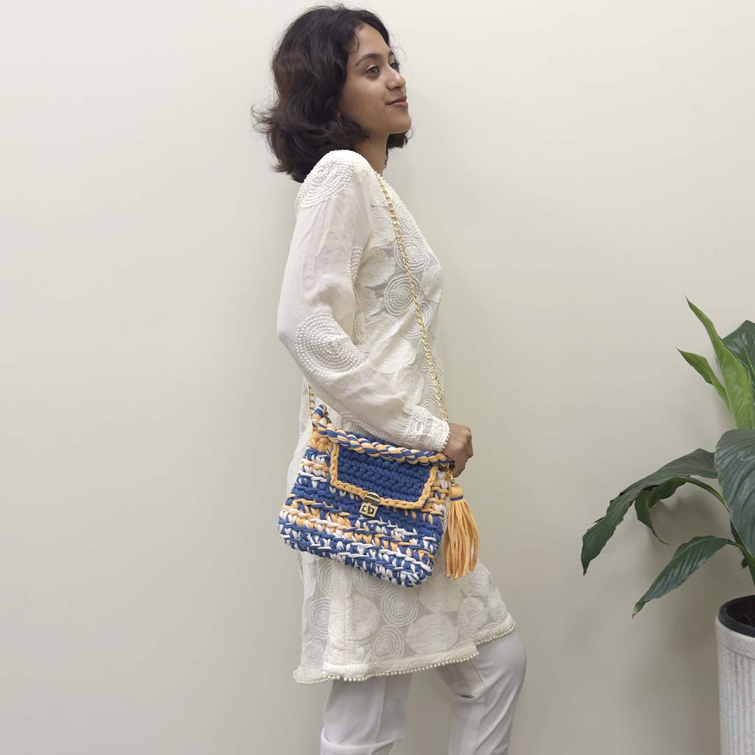 Image of Crochet Purse | Royal Blue-Light Orange / Hand or Shoulder Carry