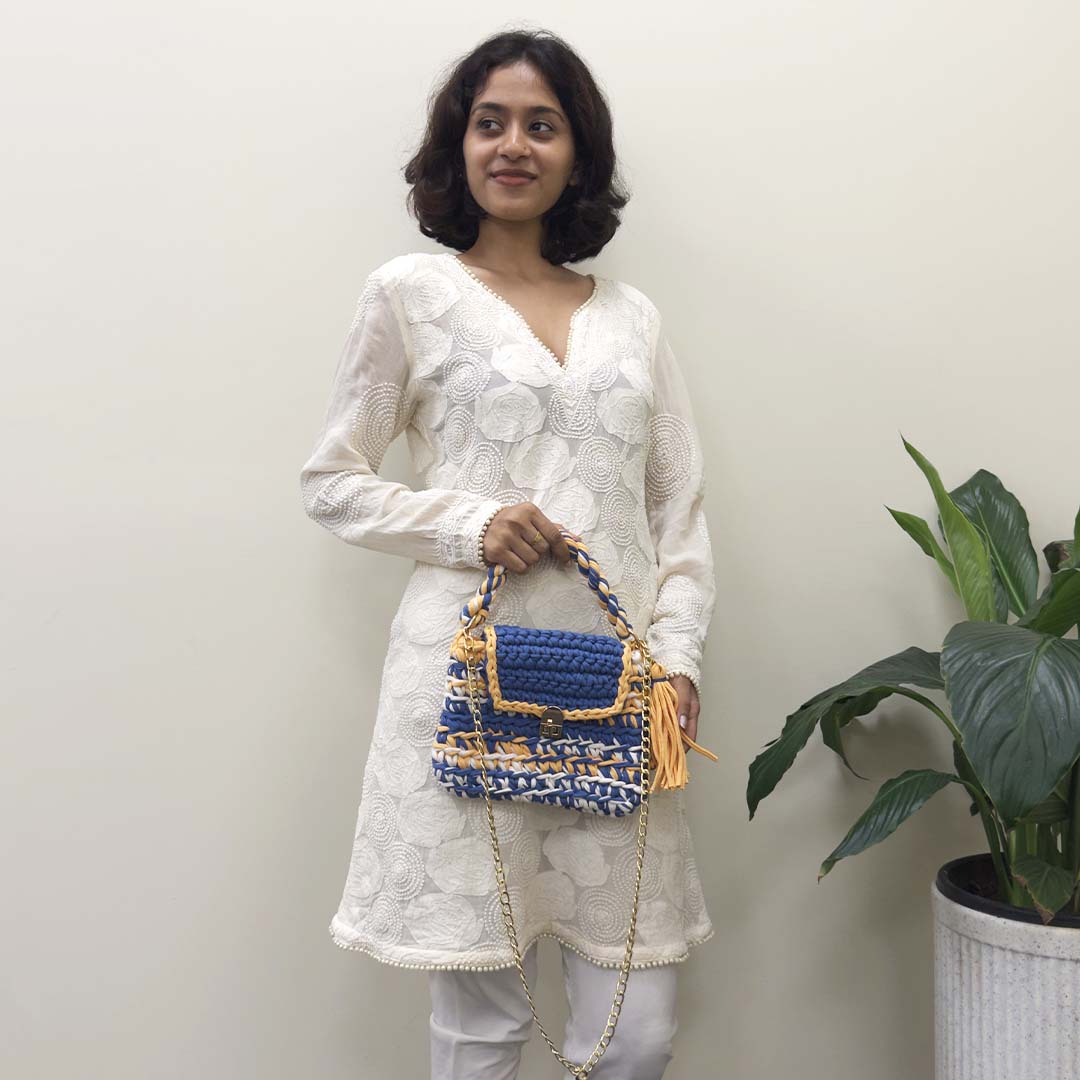 Image of Crochet Purse | Royal Blue-Light Orange / Hand or Shoulder Carry