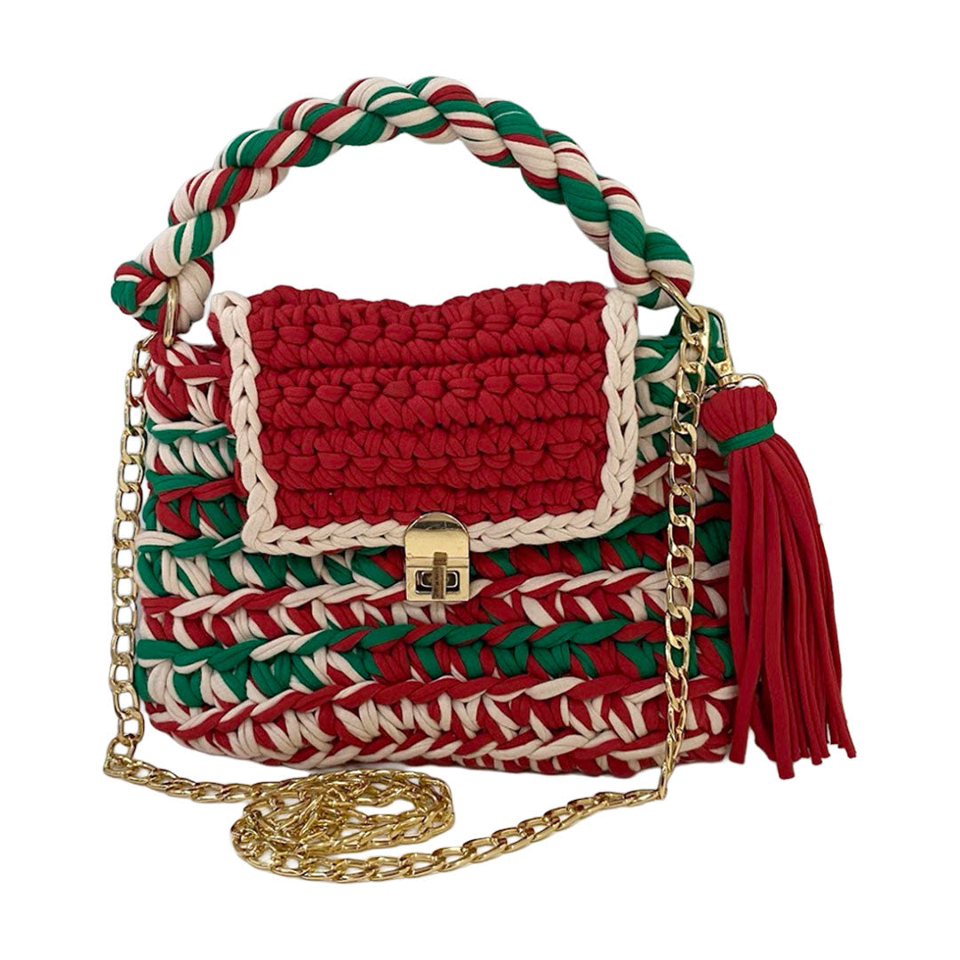 Crochet Purse | Red-Green-White / Hand or Shoulder Carry