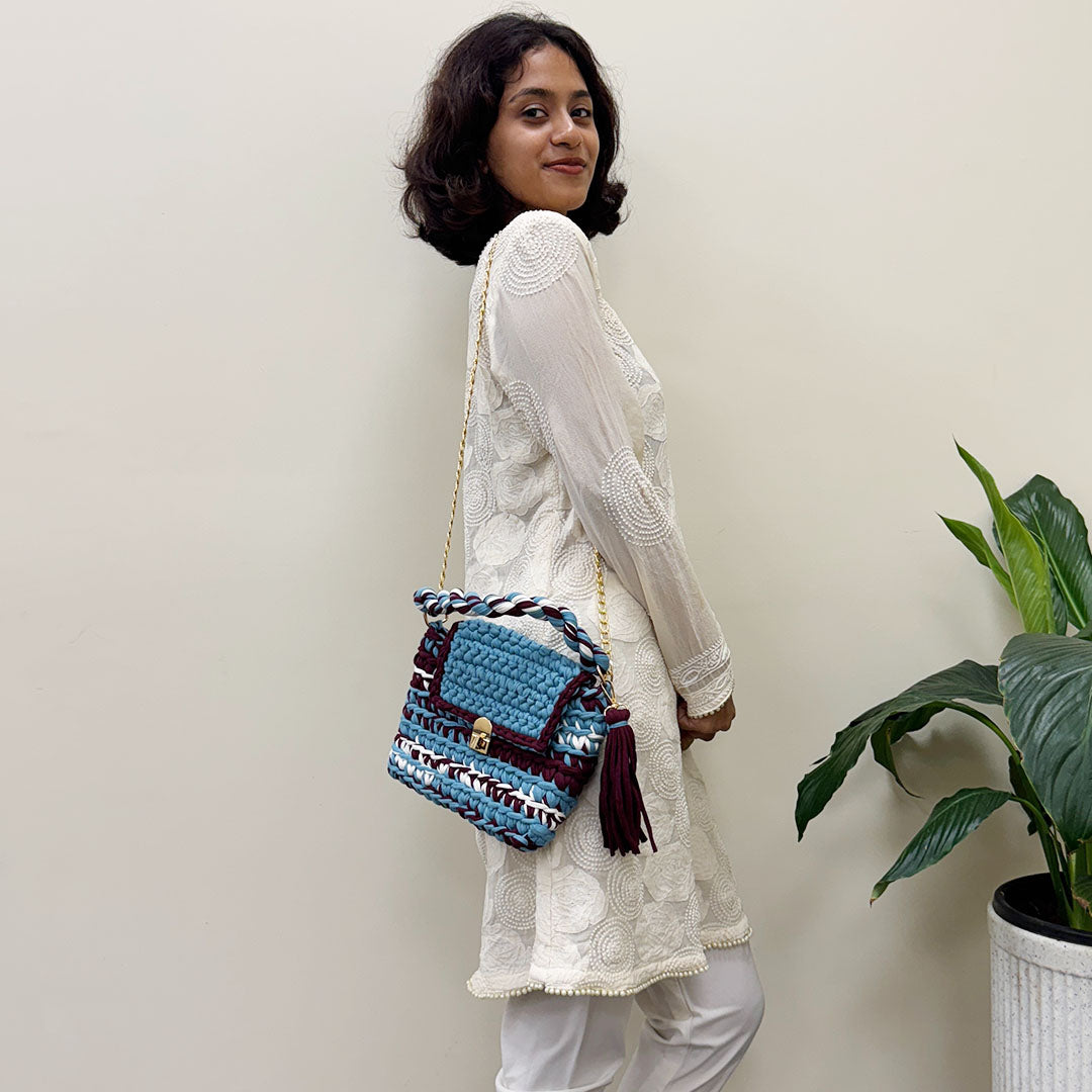Image of Crochet Purse | Burgundy-Blue-White / Hand or Shoulder Carry