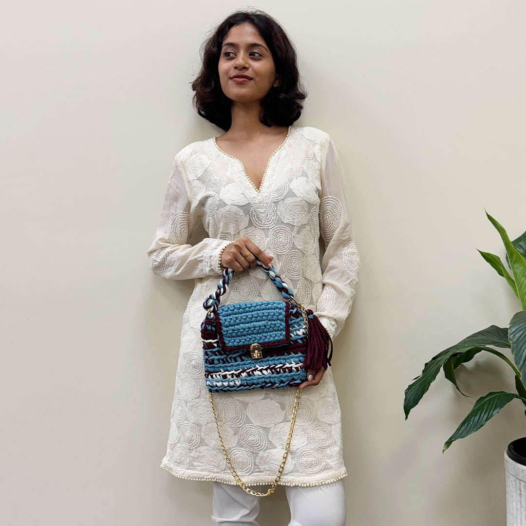 Image of Crochet Purse | Burgundy-Blue-White / Hand or Shoulder Carry
