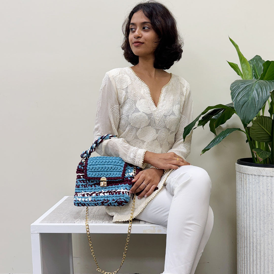 Image of Crochet Purse | Burgundy-Blue-White / Hand or Shoulder Carry