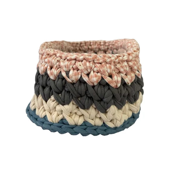 Image of Oval Crochet Basket Blue Pink Off White Grey