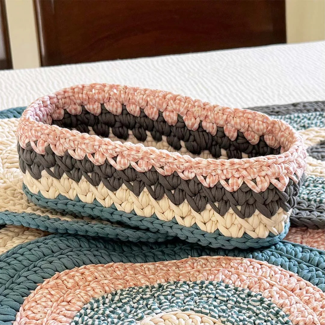 Image of Oval Crochet Basket Blue Pink Off White Grey