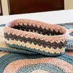 Oval Crochet Basket Blue Pink Off White Grey