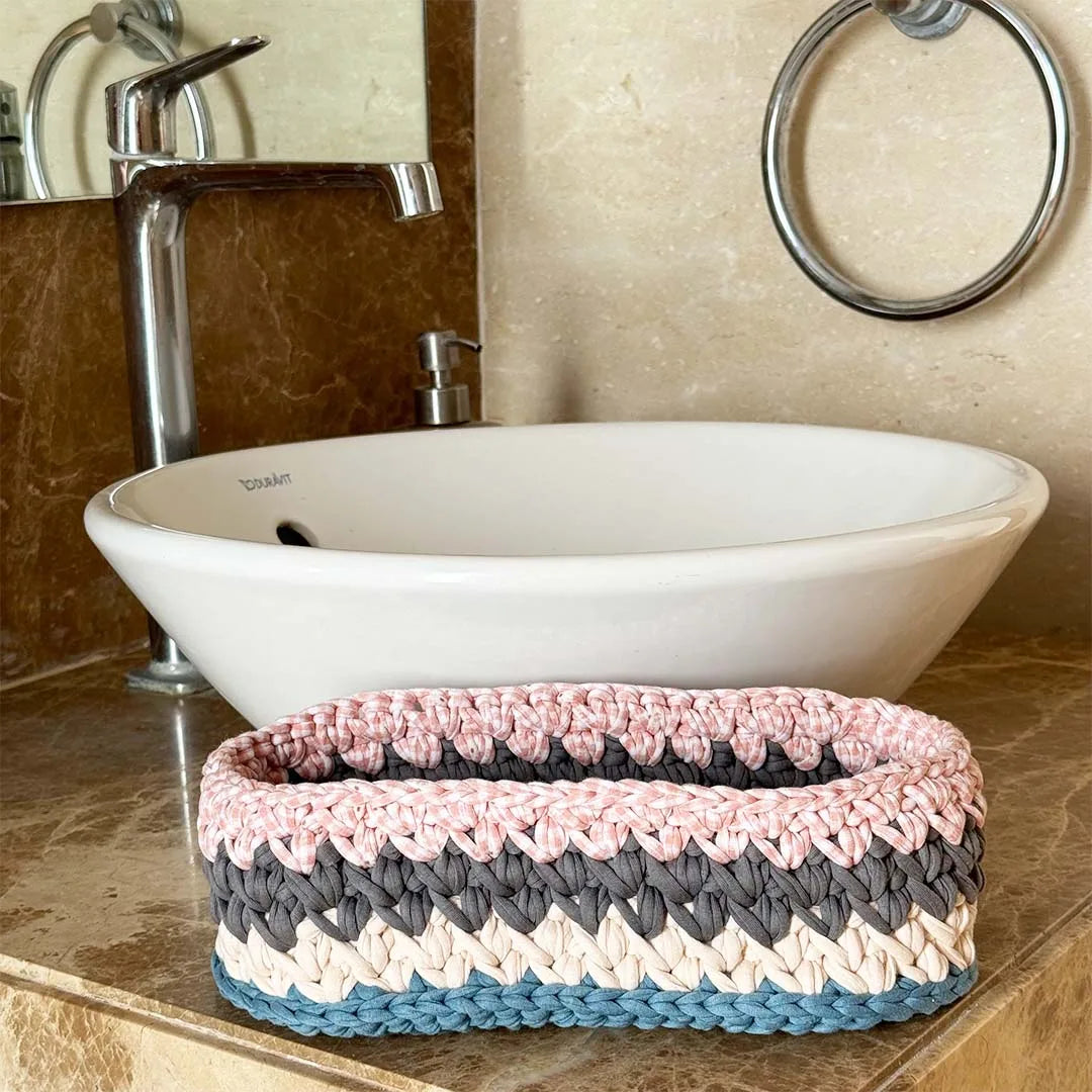 Image of Oval Crochet Basket Blue Pink Off White Grey