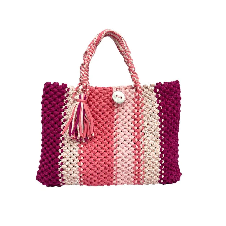 Image of Macrame Tote Medium Size Pink Fuchsia Coral Salmon Shoulder and Hand carry