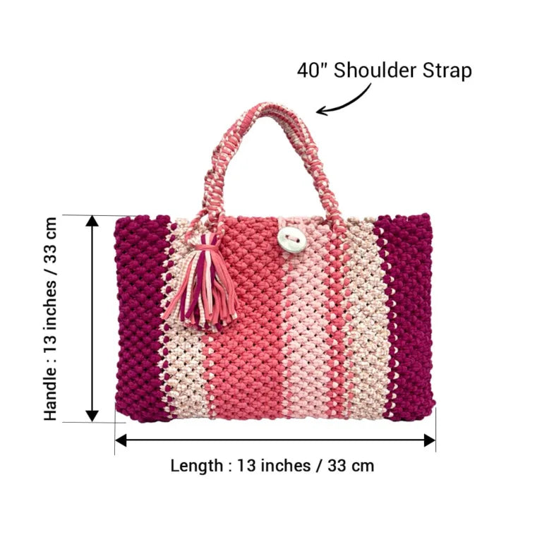 Image of Macrame Tote Medium Size Pink Fuchsia Coral Salmon Shoulder and Hand carry
