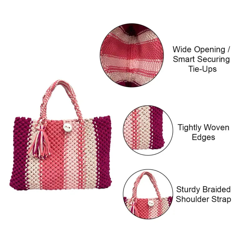Image of Macrame Tote Medium Size Pink Fuchsia Coral Salmon Shoulder and Hand carry