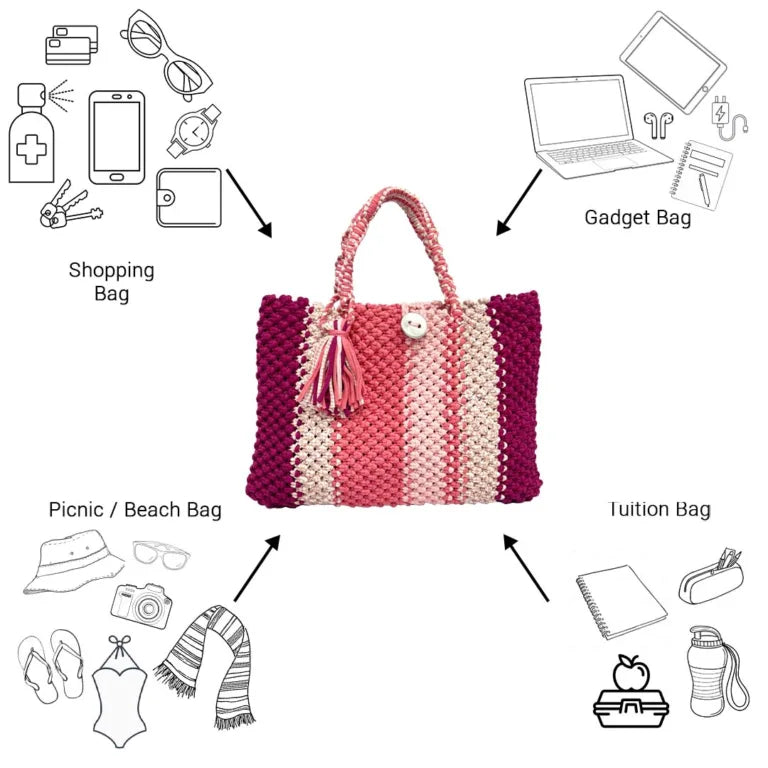 Image of Macrame Tote Medium Size Pink Fuchsia Coral Salmon Shoulder and Hand carry