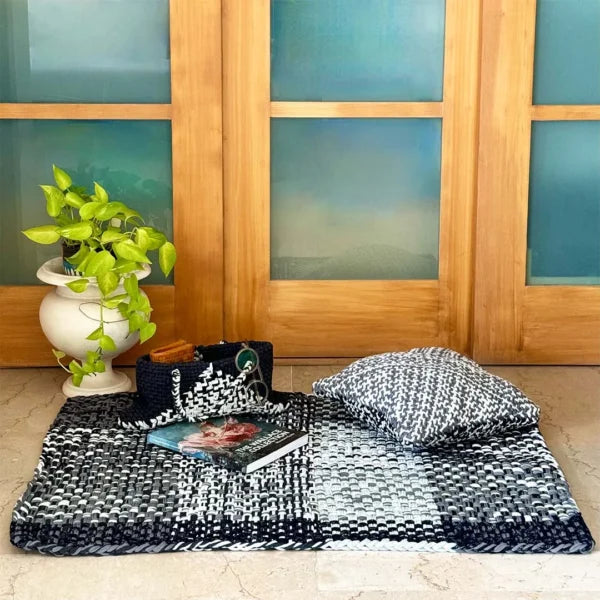 Image of Braided Edged Floor Rug / Throw | Charcoal, Grey, Silver, Grey