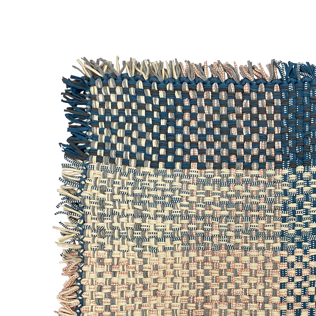 Image of Tassel Floor Rug / Throw Blue Pink Grey Off White