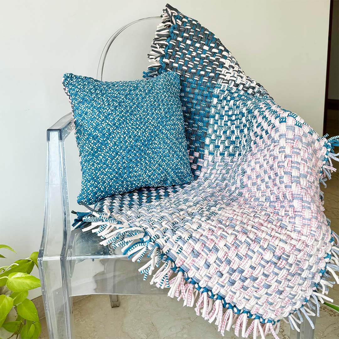 Image of Tassel Floor Rug / Throw Blue Pink Grey Off White