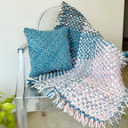 Tassel Floor Rug / Throw Blue Pink Grey Off White