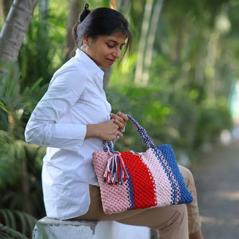 Image of Macrame Tote Medium Size Red Navy Shoulder and Hand carry