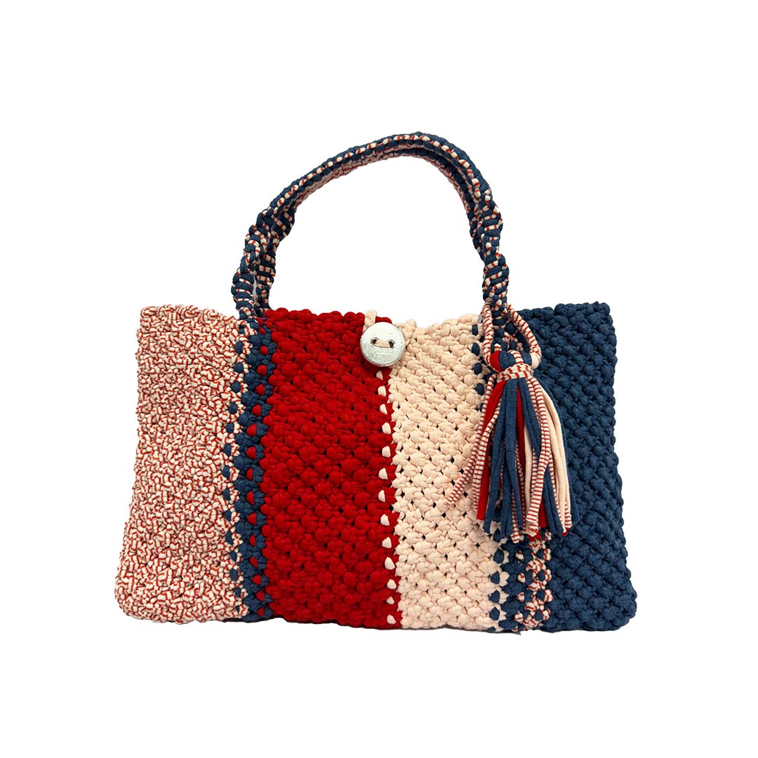 Image of Macrame Tote Medium Size Red Navy Shoulder and Hand carry