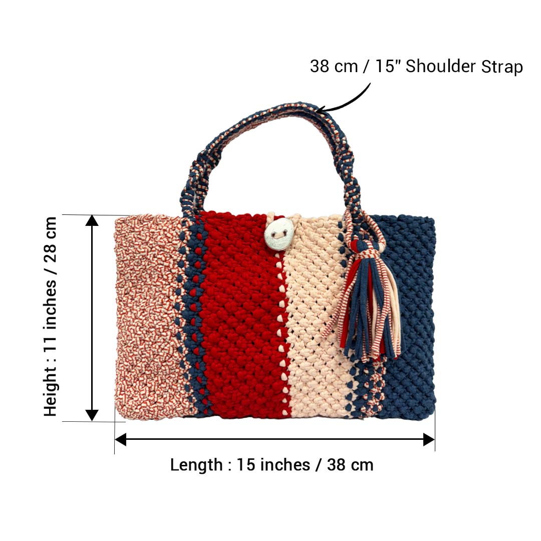 Image of Macrame Tote Medium Size Red Navy Shoulder and Hand carry