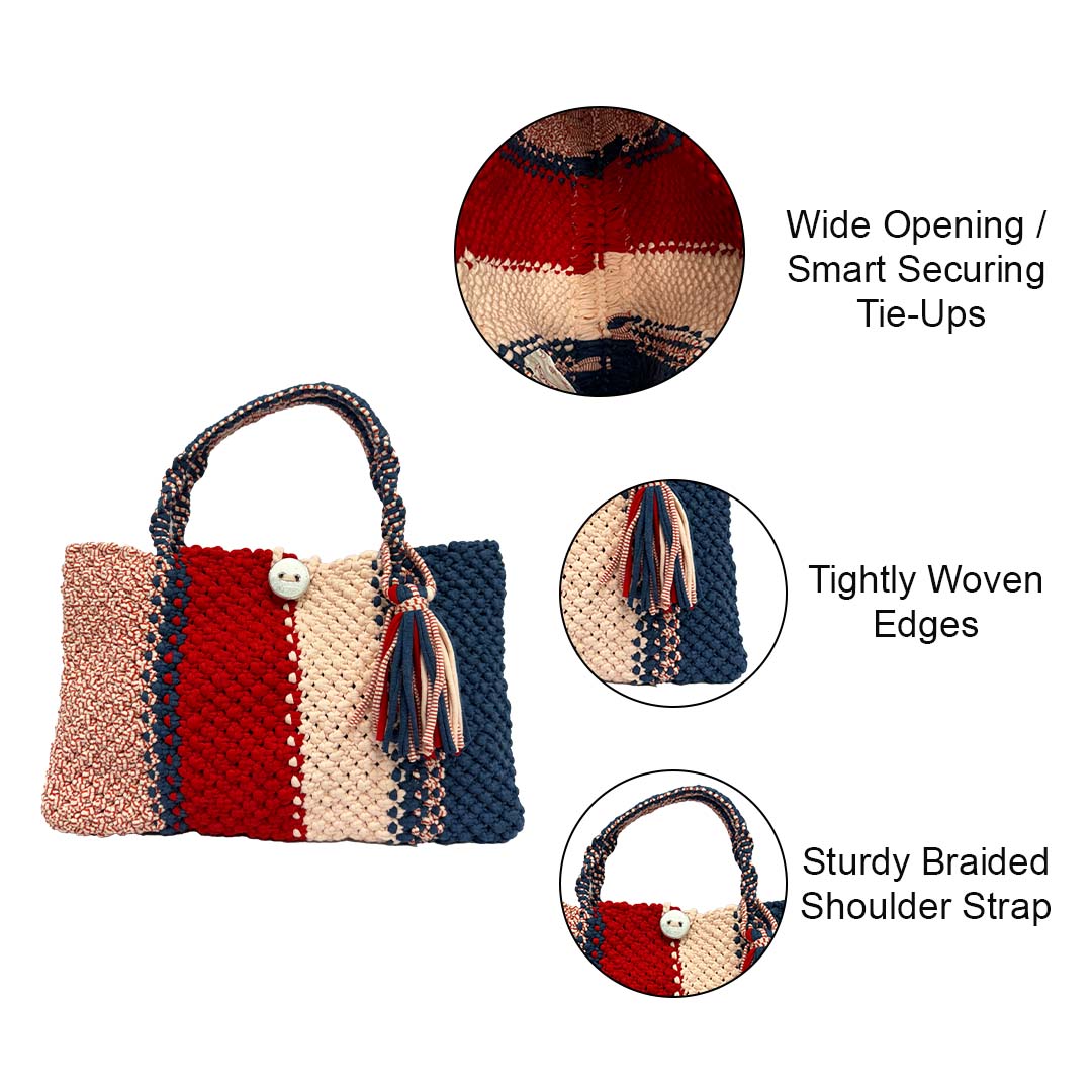 Image of Macrame Tote Medium Size Red Navy Shoulder and Hand carry