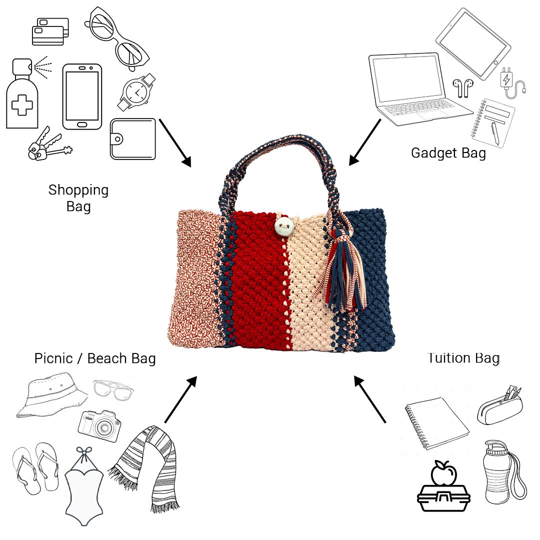 Image of Macrame Tote Medium Size Red Navy Shoulder and Hand carry