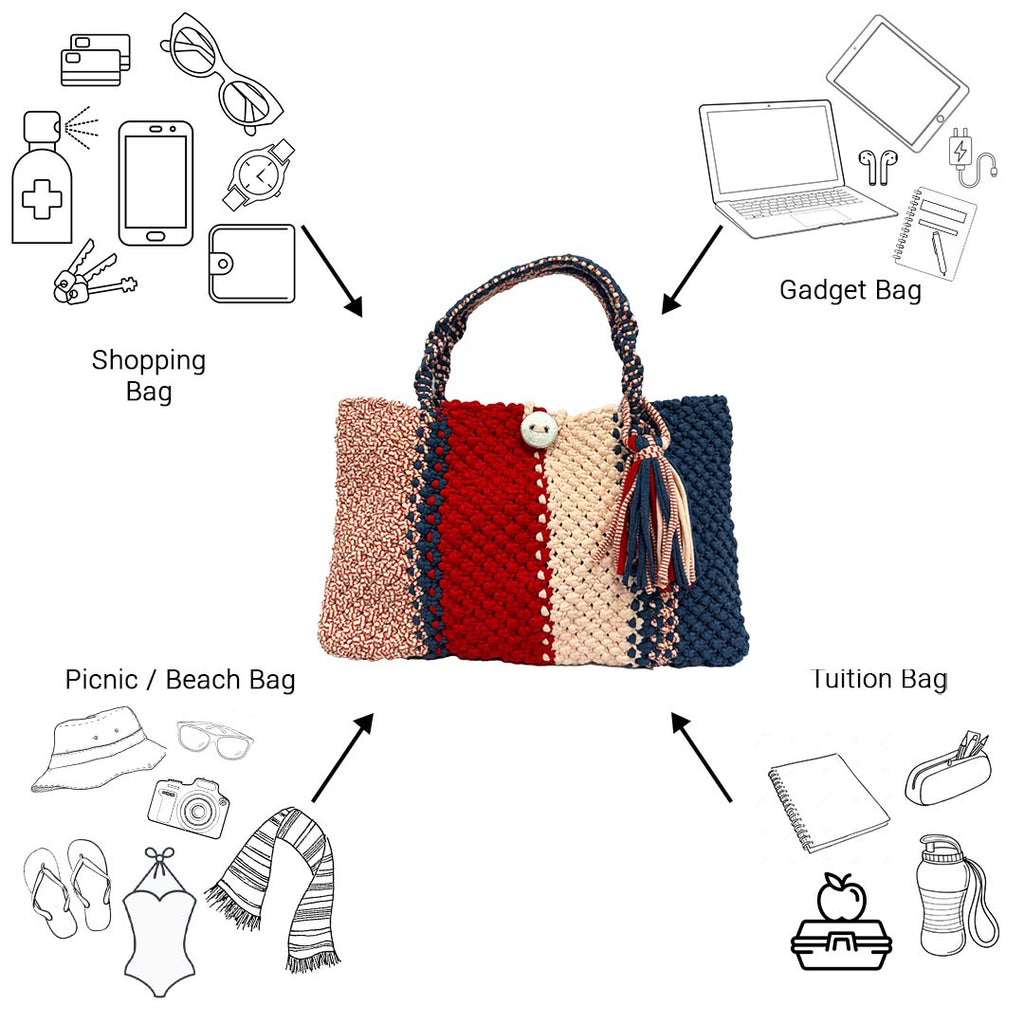 Macrame Tote Medium Size Red Navy Shoulder and Hand carry