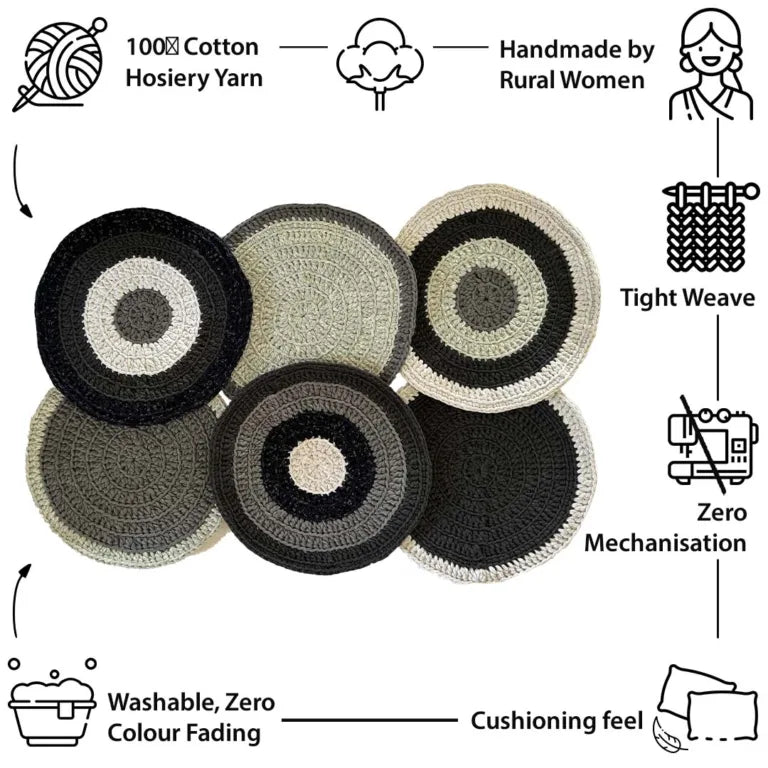 Image of Set of 6 Round Crochet Placemats / Dining Mats Charcoal Grey Silver Grey Premium