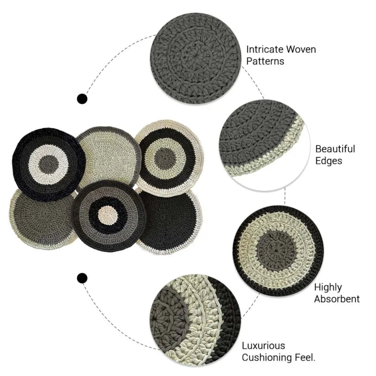 Image of Set of 6 Round Crochet Placemats / Dining Mats Charcoal Grey Silver Grey Premium