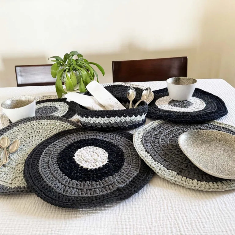 Image of Set of 6 Round Crochet Placemats / Dining Mats Charcoal Grey Silver Grey Premium