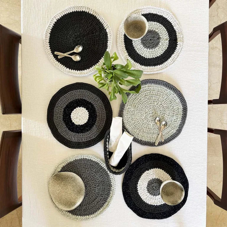Image of Set of 6 Round Crochet Placemats / Dining Mats Charcoal Grey Silver Grey Premium
