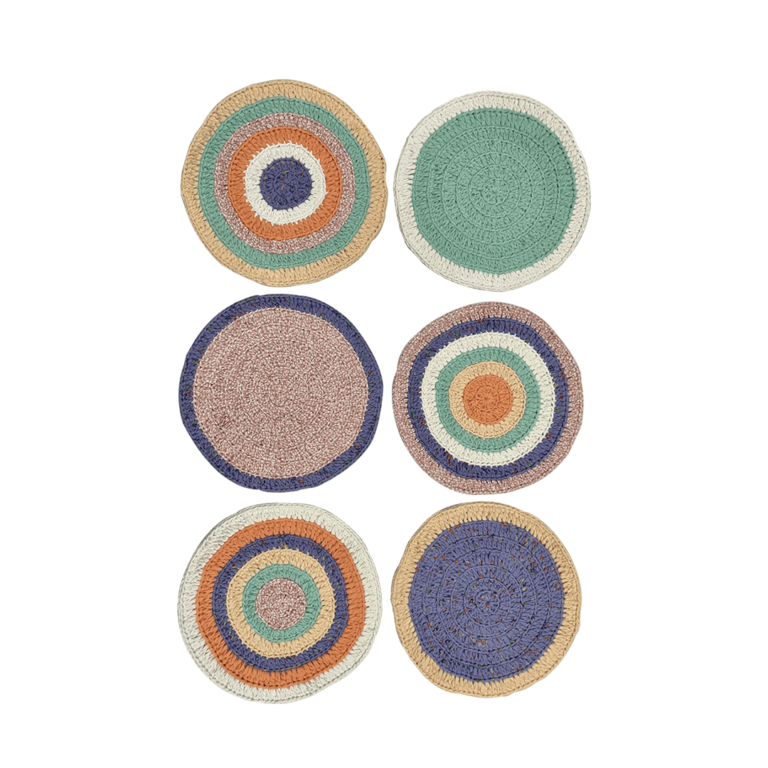 Image of Set of 6 Round Crochet Placemats / Dining Mats Green, Sea green, Purple, Peach, Off white