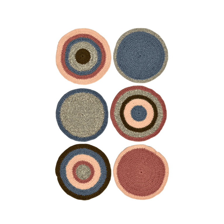 Image of Set of 6 Round Crochet Placemats / Dining Mats Pink, Denim blue, Brown, Beige, Navy, Off white