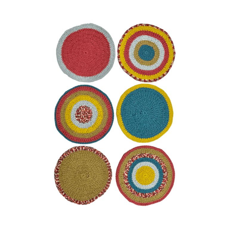 Image of Set of 6 Round Crochet Placemats / Dining Mats Coral, Blue, Light pink, Yellow, Beige, Light grey