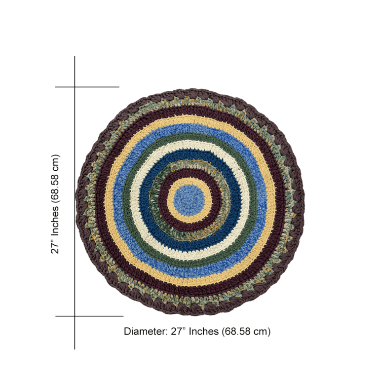 Image of Round Crochet Floor Rug Aubergine, Blue, Moss green, Grey, Lemon, Light purple