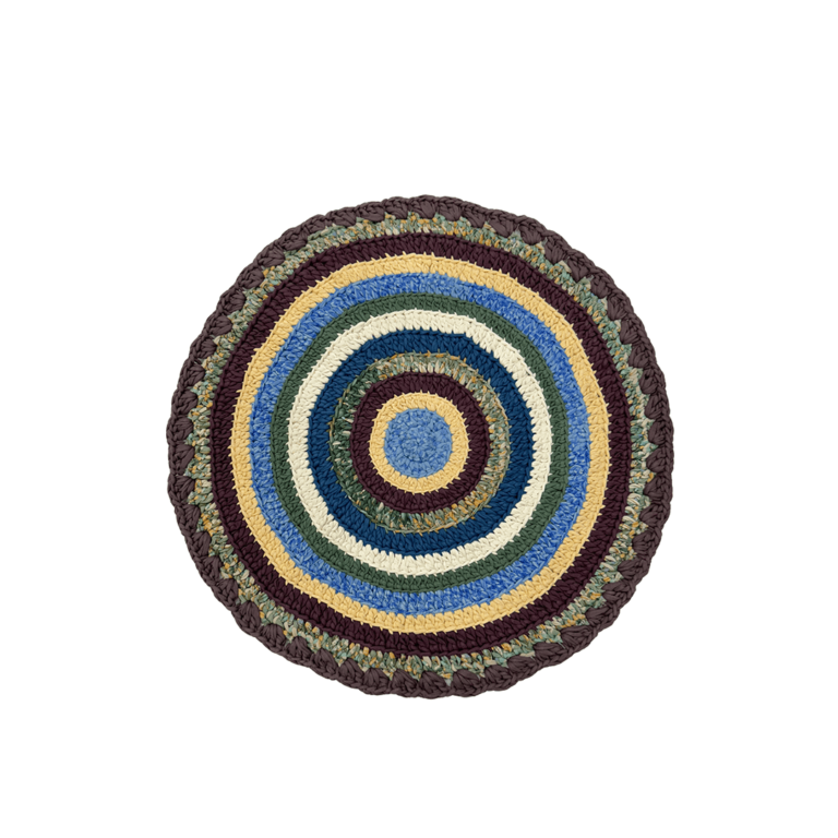 Image of Round Crochet Floor Rug Aubergine, Blue, Moss green, Grey, Lemon, Light purple