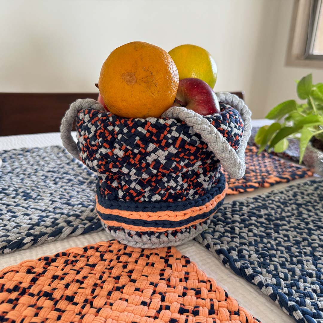 Image of Round Roll-up Basket Peach Navy Grey Premium