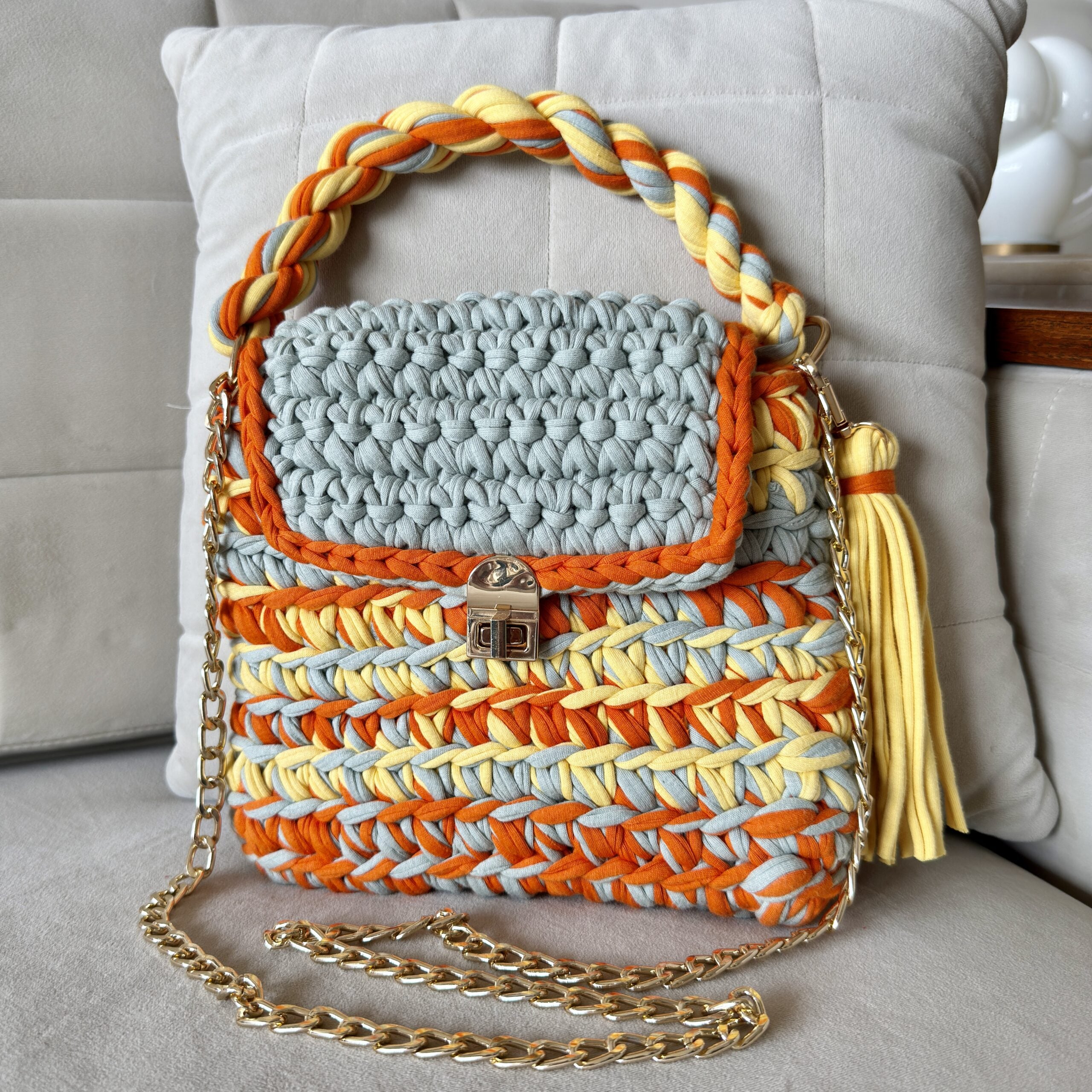 Image of Crochet Purse | Sage-Yellow-Orange / Hand or Shoulder Carry