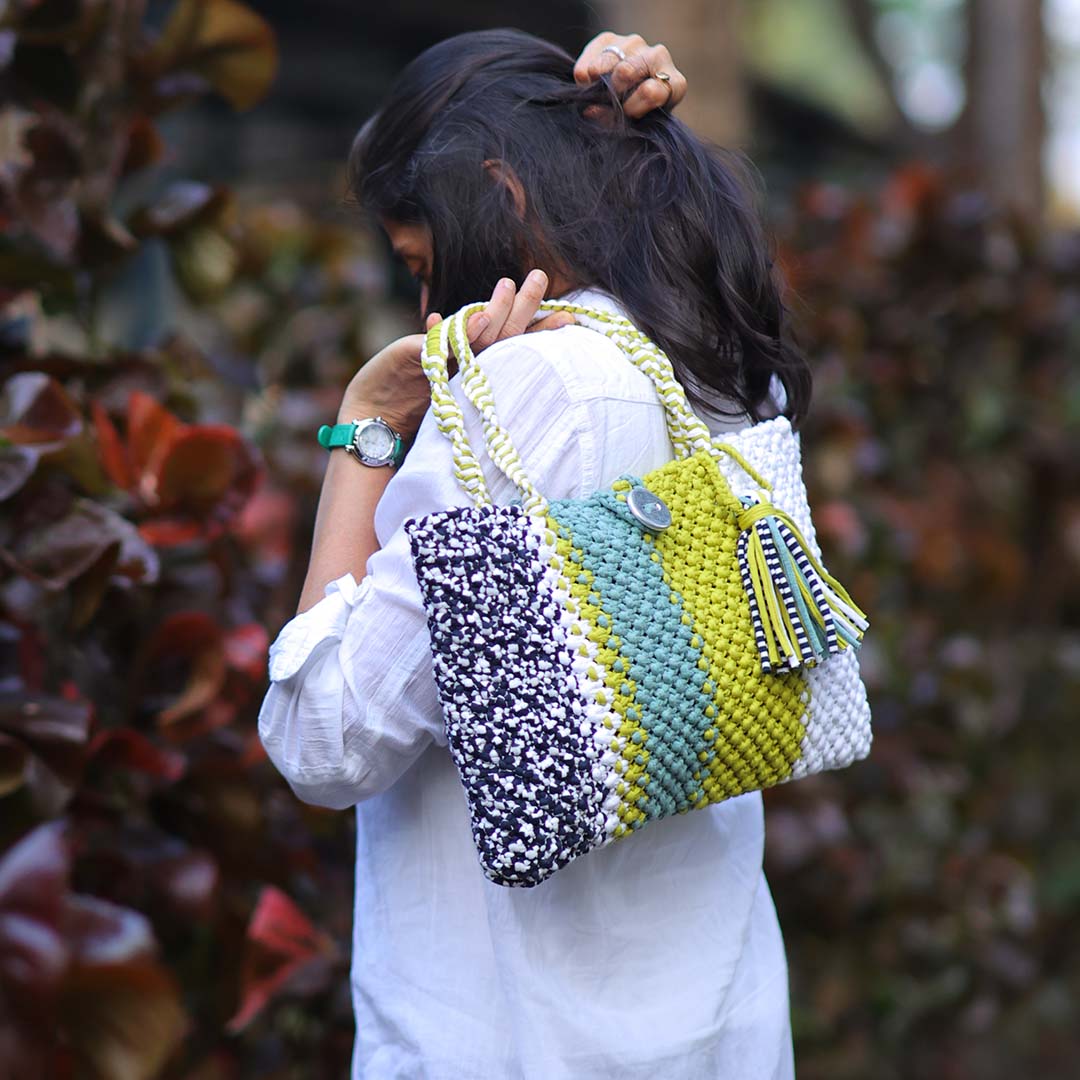 Image of Macrame Tote-Medium | Sage, Olive, Black, White