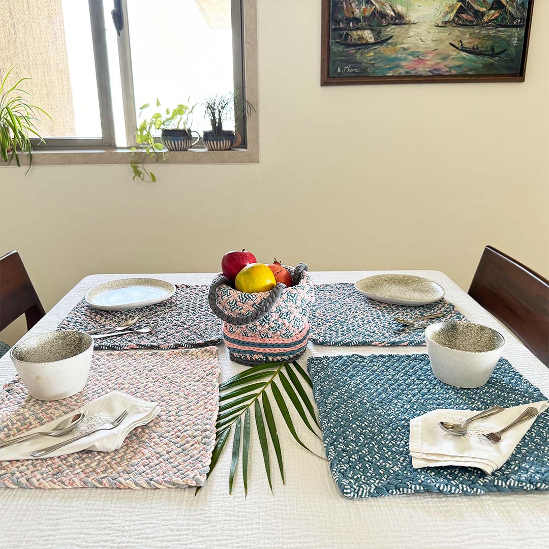 Image of Set of 4 Hand-Woven Square Placemats / Dining Mats Blue Pink Grey Off White